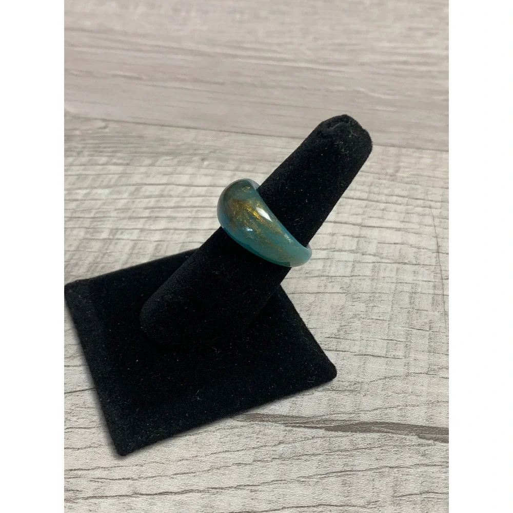 Teal Resin Dome Ring with Gold Flakes Chunky Statement Band Size 8.25 Turquoise